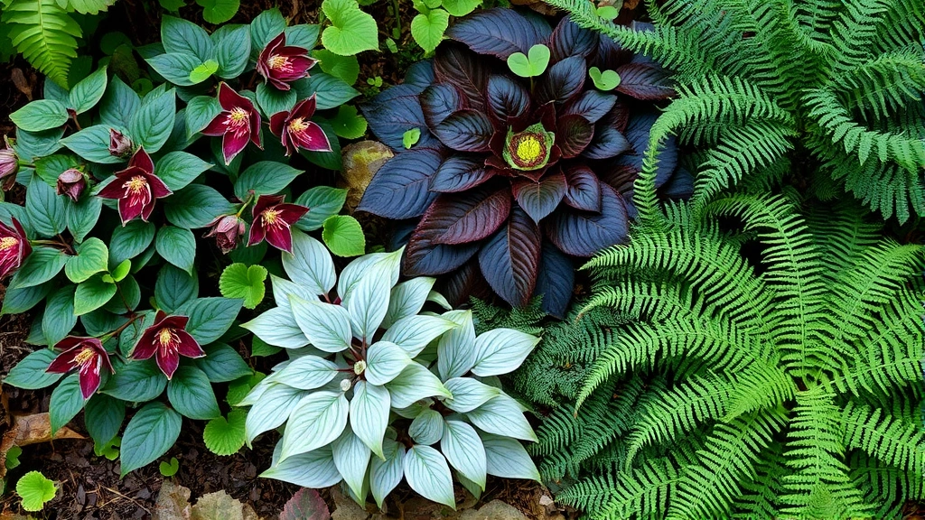Diverse shade garden composition showing hellebores with burgundy flowers, silvery-leafed epimedium groundcover, dark green fern fronds, and variegated hosta leaves creating layered woodland aesthetic