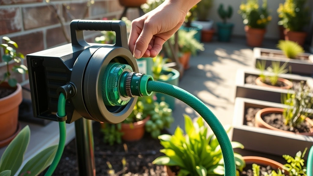 Close-up of a gardener's hands pulling out a retractable hose from its reel housing in a small urban garden with potted plants and raised beds, morning sunlight illuminating the scene.