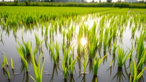 Flooded rice paddy with young green rice plants sprouting in standing water, morning sunlight reflecting off water surface, lush vegetation in background