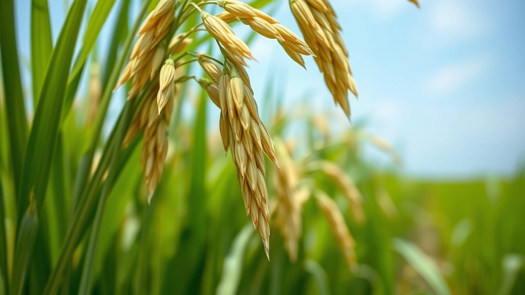 Close-up of mature rice panicles heavy with golden grain kernels, ready for harvest, with blurred green rice field in background under blue sky