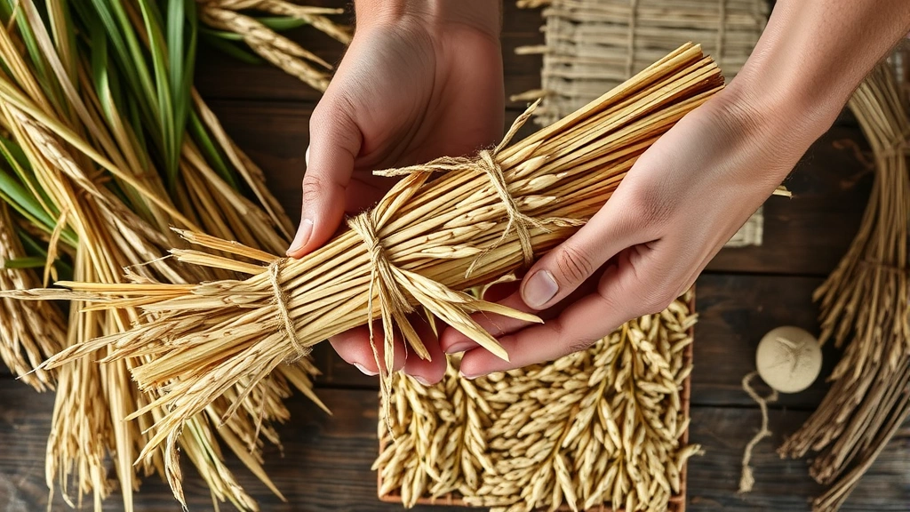 Hands holding freshly harvested rice bundles tied with twine, dried golden rice stalks, traditional threshing materials visible on wooden table