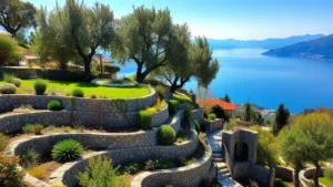 Terraced Mediterranean hillside gardens with stone retaining walls, olive trees, and flowering aromatic herbs in spring sunlight, Lake Garda visible in background