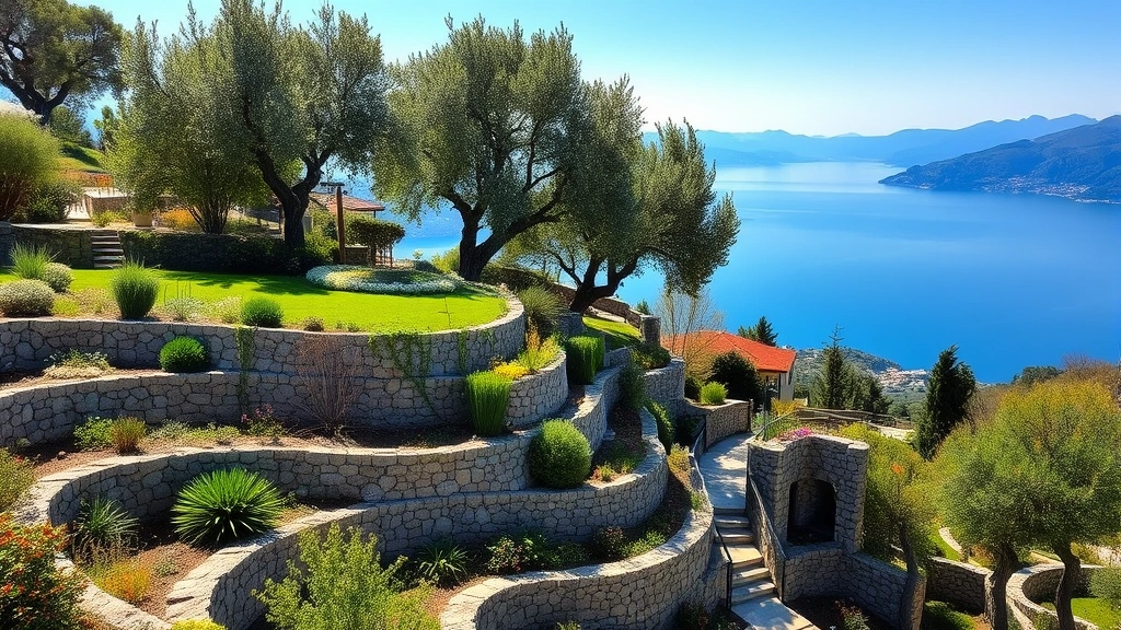 Terraced Mediterranean hillside gardens with stone retaining walls, olive trees, and flowering aromatic herbs in spring sunlight, Lake Garda visible in background