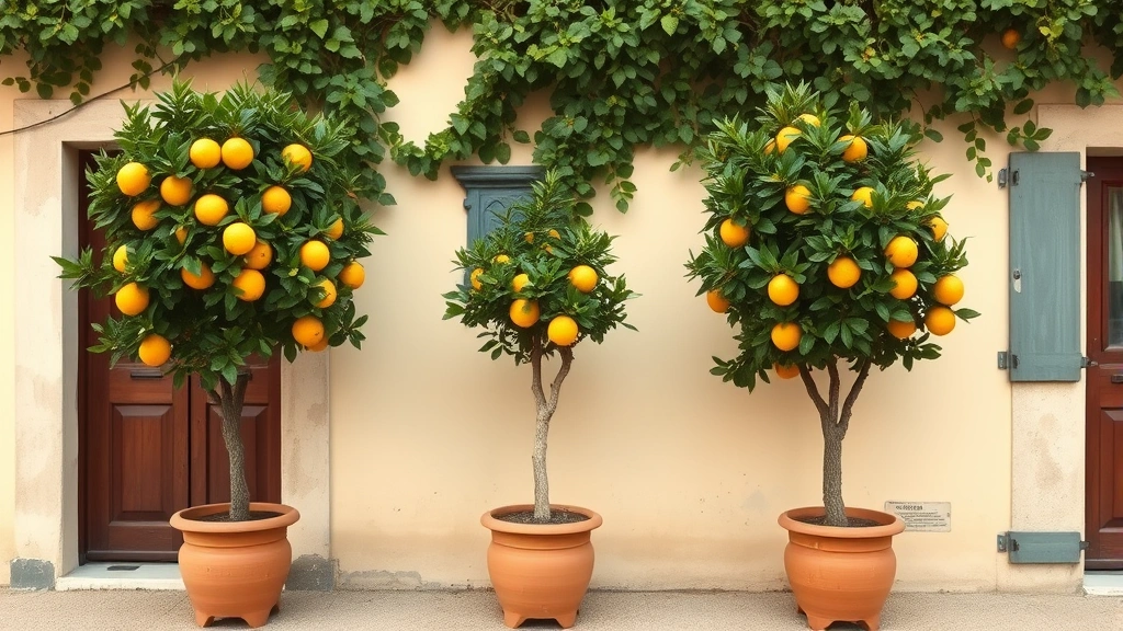 Historic lemon and orange trees trained as standards in ornamental terracotta pots, positioned against weathered cream-colored villa walls with climbing vines overhead