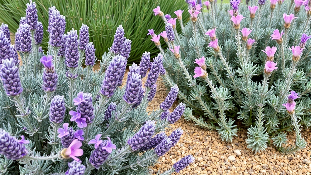 Close-up of silvery-foliaged Mediterranean plants including lavender, rosemary, and santolina in full bloom with purple and pink flowers, dry gravel mulch visible between plantings