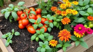 Vibrant raised garden bed overflowing with companion planted vegetables including tomatoes, basil, and marigolds with rich dark soil visible