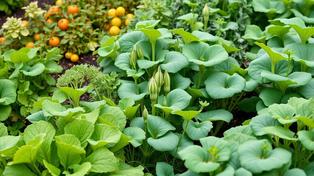 Close-up of lush green garden beds with diverse vegetables and companion plants growing together showing proper spacing and healthy foliage