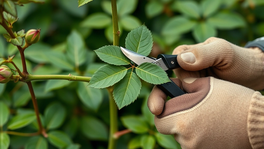 Close-up of gardener's hands pruning rose cane with bypass pruners, showing proper 45-degree angle cut above five-leaflet leaf, green foliage background, professional garden gloves visible