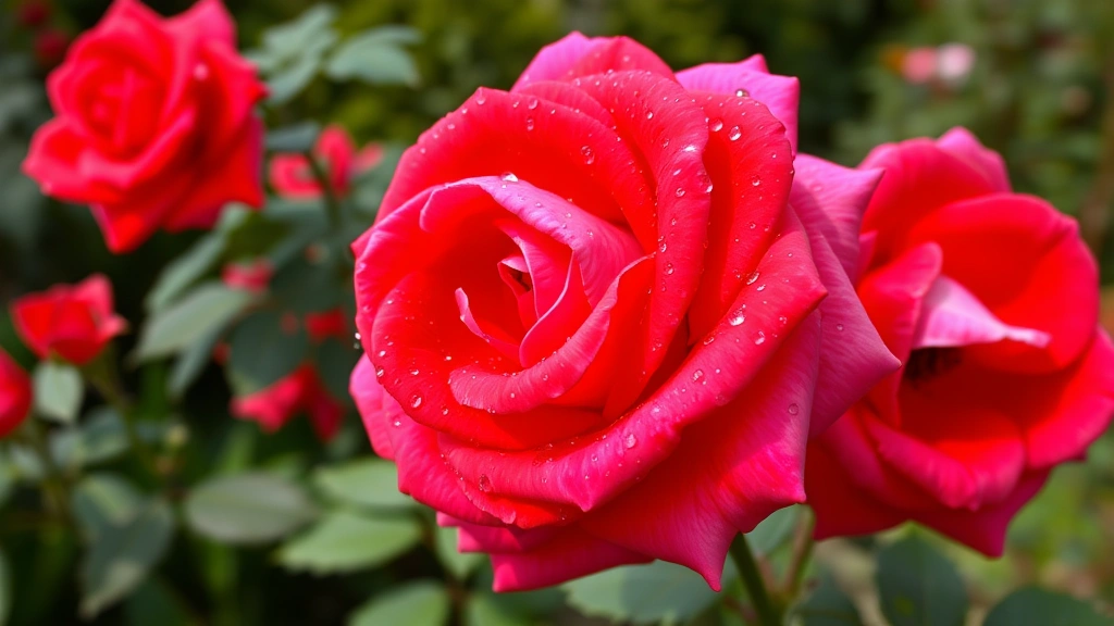 Professional close-up of vibrant red and pink rose blooms in full flower with water droplets, garden setting background, natural daylight, Pacific Northwest landscape