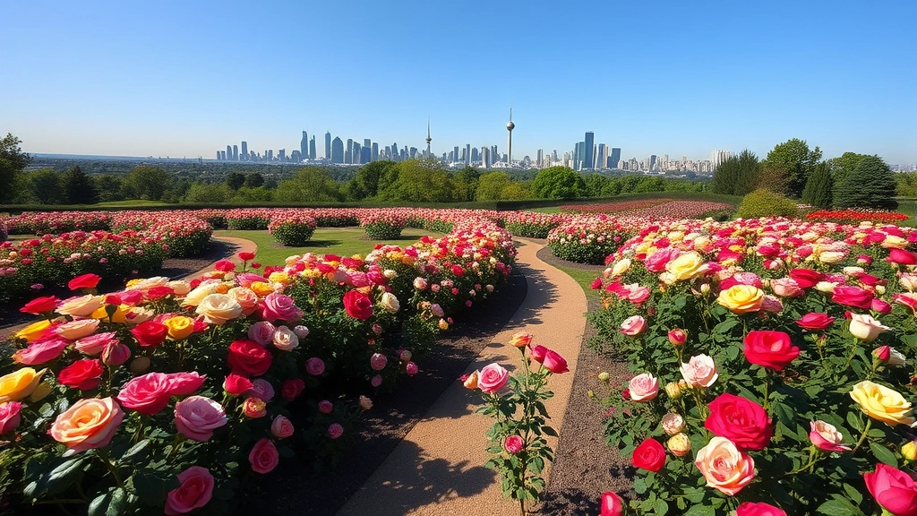Wide shot of International Rose Test Garden with hundreds of colorful roses in bloom, garden paths winding through beds, city skyline visible in background, summer afternoon light