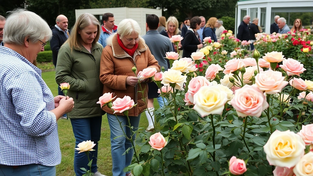 Rose enthusiasts examining exhibition roses at outdoor garden show, people admiring blooms in garden setting, Portland Rose Society members, genuine gardening community interaction