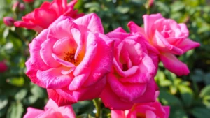 Close-up of vibrant pink and red roses in full bloom with water droplets on petals, morning sunlight illuminating the garden flowers, lush green foliage visible