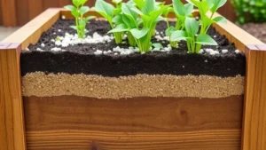 Well-draining raised garden bed with layered soil composition showing perlite, compost, and bark amendments in cross-section, healthy green plants growing above