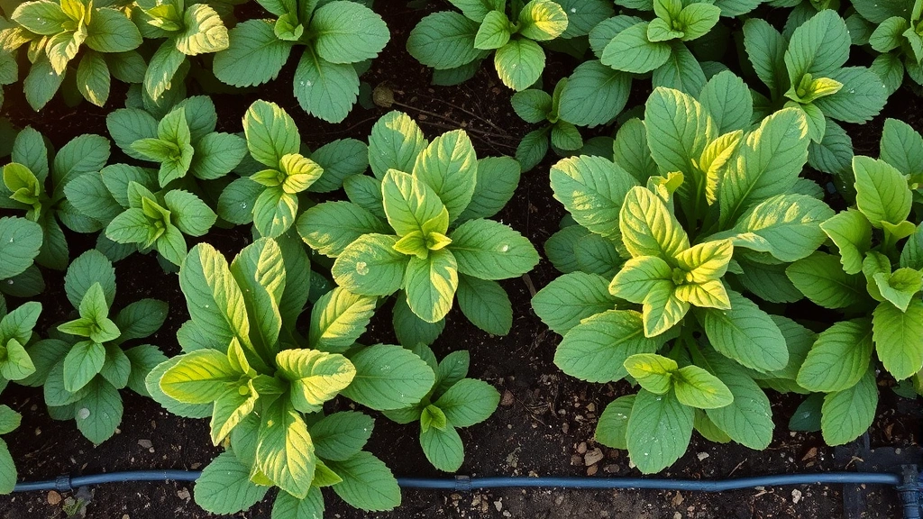 Overhead view of properly spaced vegetable garden with air gaps between plants, morning dew on leaves, morning sunlight filtering through foliage, drip irrigation lines visible at soil level