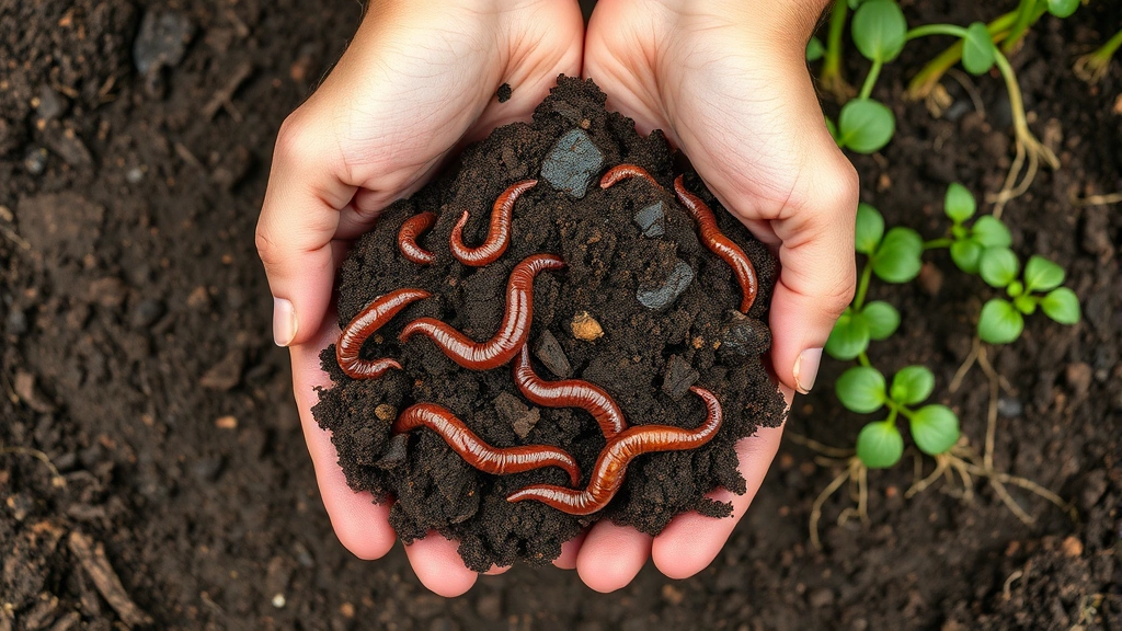 Hands holding dark, crumbly compost being mixed into garden soil, earthworms visible in rich humus, green plant roots developing in amended soil background