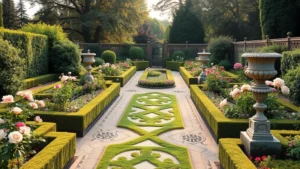 Victorian-era garden with symmetrical beds, ornate pathways, roses and perennials in full bloom, formal hedges, and elegant stone urns, soft afternoon light filtering through mature trees