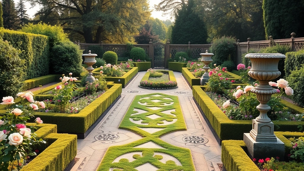 Victorian-era garden with symmetrical beds, ornate pathways, roses and perennials in full bloom, formal hedges, and elegant stone urns, soft afternoon light filtering through mature trees