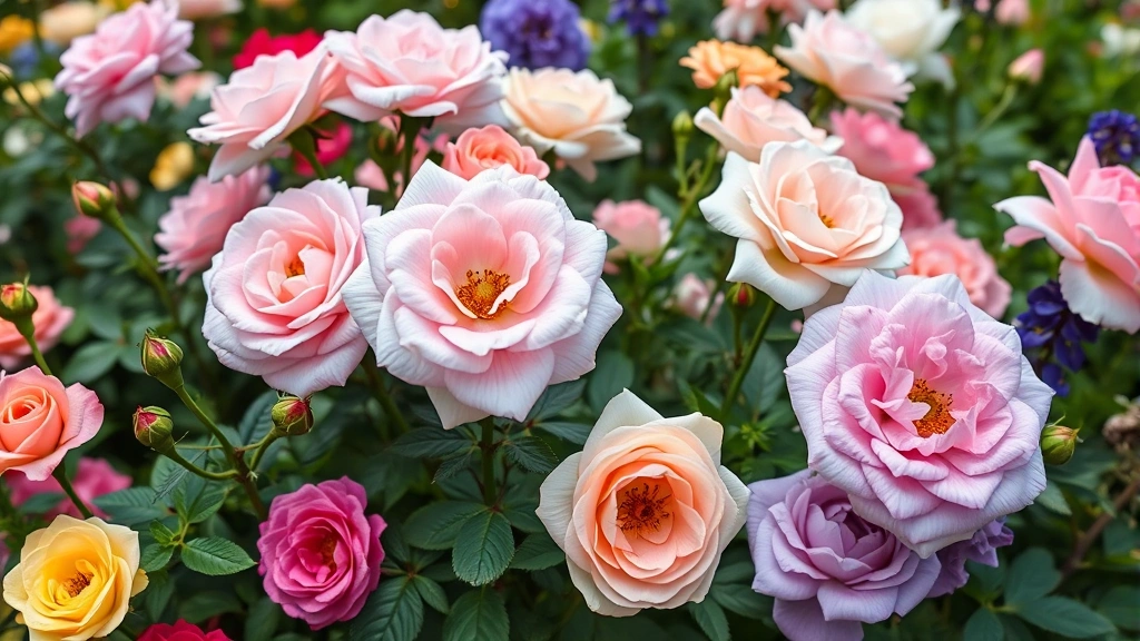 Close-up of heritage rose varieties and companion perennials like delphiniums and peonies arranged in traditional herbaceous border, rich garden colors with green foliage, natural daylight