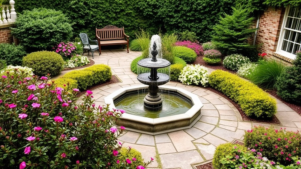 Historic garden room with water fountain as focal point, surrounded by flowering shrubs and groundcover plants, curved stone pathways, Victorian bench visible, lush mature plantings creating intimate garden space