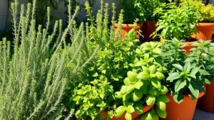 Lush Mediterranean herb garden in Southern California with rosemary, thyme, basil, and oregano plants thriving in morning sunlight, terracotta pots visible, vibrant green foliage