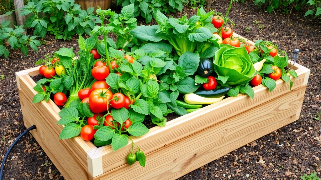 Elevated wooden raised garden bed filled with colorful vegetables including tomatoes, peppers, lettuce, and squash in various growth stages, mulch covering soil, drip irrigation lines visible