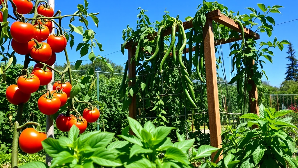 Mature vegetable garden with abundant harvests of fresh tomatoes on vine, green beans climbing wooden trellis, leafy greens in foreground, clear blue Southern California sky above
