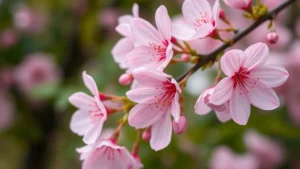 Close-up of delicate pink sakura cherry blossoms in full bloom with soft focus green foliage background, photorealistic spring garden scene