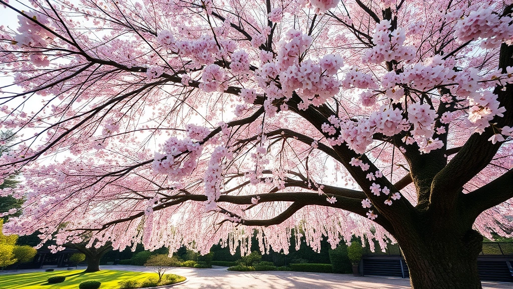 Wide view of mature sakura tree with cascading pink and white blossoms canopy in Japanese-style garden setting, morning sunlight filtering through branches