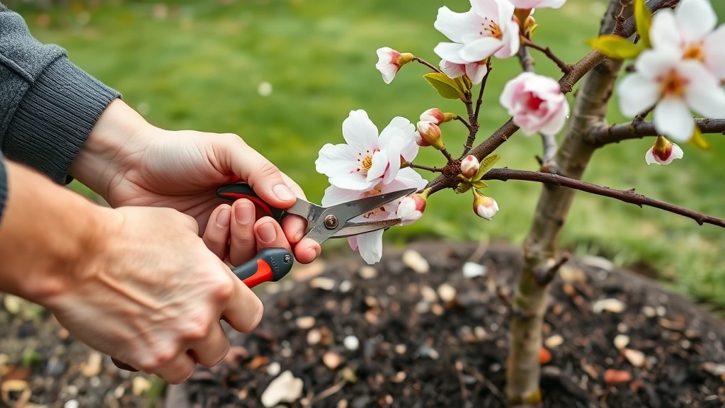 Gardener's hands carefully pruning sakura tree branch with sharp pruning shears, showing proper technique with well-draining soil and mulch visible at base