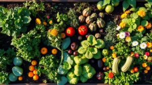 Overhead view of a lush raised garden bed overflowing with colorful vegetables, herbs, and flowering plants, morning sunlight casting shadows, rich dark soil visible between plant stems