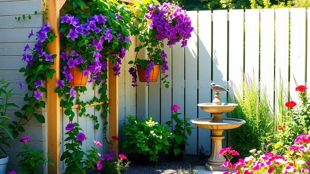 Sunlit corner of a garden featuring vertical trellis with climbing clematis vines in purple bloom, hanging baskets with trailing petunias, birdbath surrounded by flowering perennials