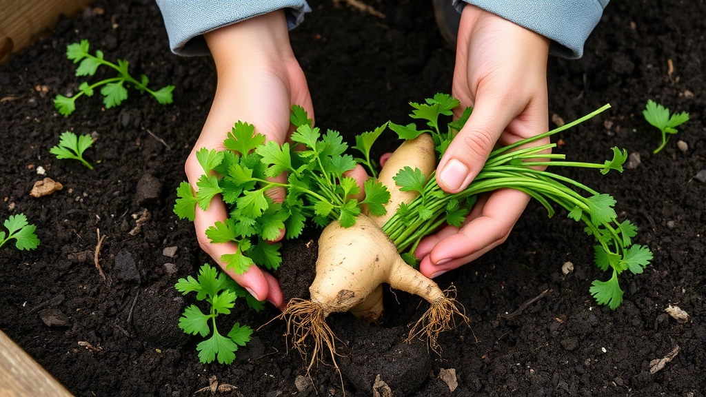 Hands harvesting fresh green cilantro and ginger rhizomes from rich, dark garden soil with wooden raised bed visible, showing the practical harvesting moment with soil still clinging to roots