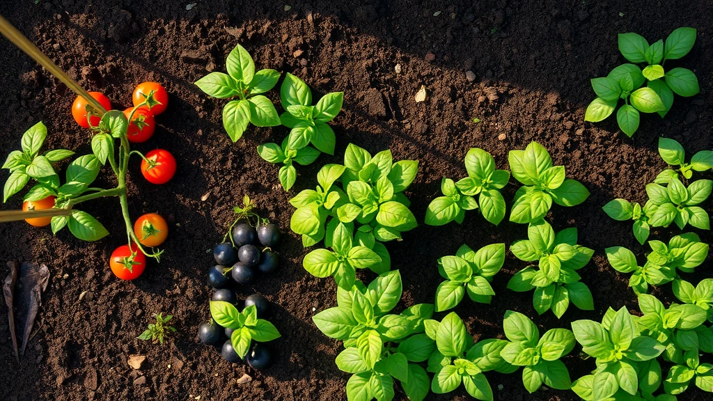 Overhead view of a thriving vegetable garden bed with rich dark soil, young tomato plants with stakes, lettuce seedlings, and fresh basil plants in organized rows, morning sunlight filtering through, healthy green foliage