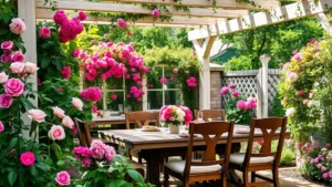 Lush outdoor dining table surrounded by blooming roses, hydrangeas, and flowering vines on trellises, dappled sunlight filtering through pergola canopy, rustic wooden chairs with cushions, herb garden borders visible