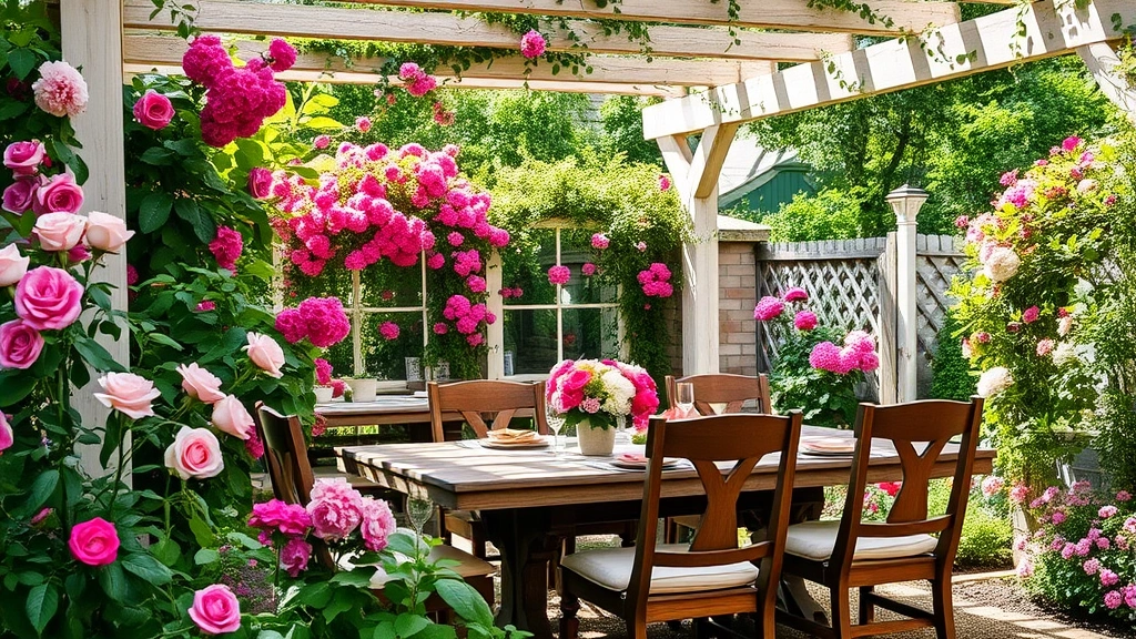 Lush outdoor dining table surrounded by blooming roses, hydrangeas, and flowering vines on trellises, dappled sunlight filtering through pergola canopy, rustic wooden chairs with cushions, herb garden borders visible