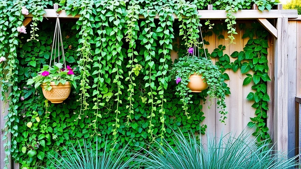 Vertical garden with cascading green vines, hanging planters with trailing flowers, wooden trellis structure covered in climbing jasmine and clematis, ornamental grasses below, natural garden aesthetic