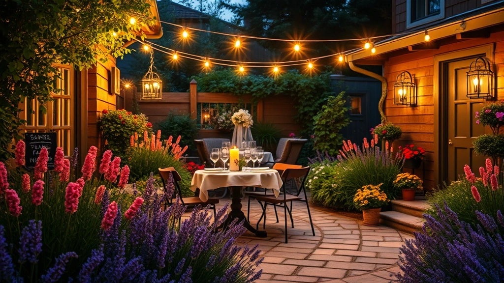 Evening secret garden cafe scene with string lights overhead, candlelit table setting, surrounding perennial beds in full bloom, stone pathway lined with fragrant lavender, cozy intimate atmosphere