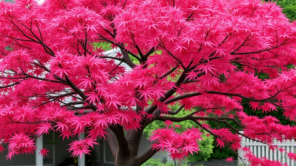 Japanese maple tree with intricate branching structure and fine-textured foliage, graceful form as focal point in garden setting, showing natural elegant form, detailed botanical composition