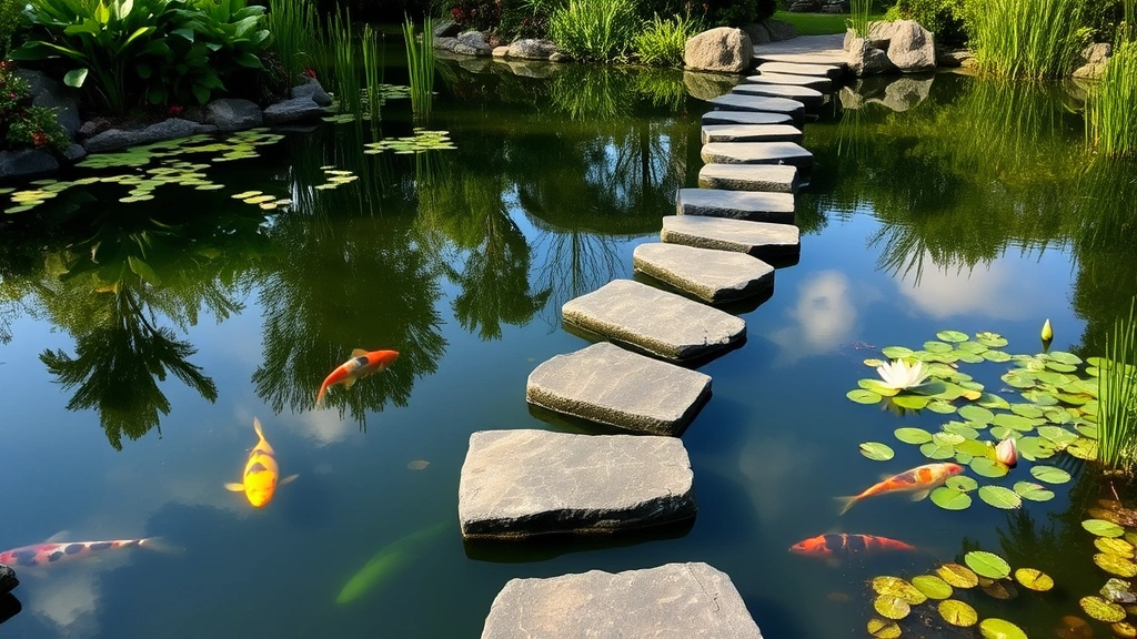 Tranquil garden pond with stepping stones leading across water, reflecting surrounding plants and sky, koi swimming below surface, water lilies floating, peaceful contemplative garden scene