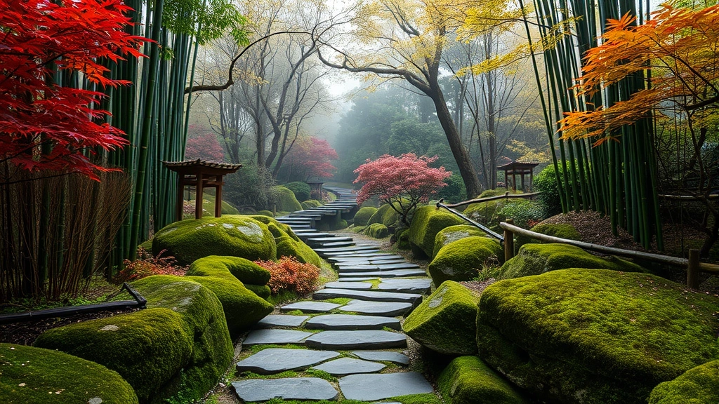 Lush Sichuan garden with winding stone pathway through bamboo groves, moss-covered rocks, and layered plantings with Japanese maple trees showing autumn colors, mist in background