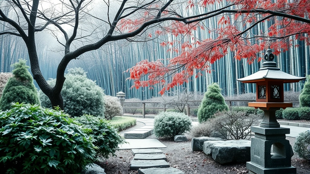 Winter garden scene with bare branching Japanese maple tree, evergreen plants, stone lantern, frost-covered stepping stones, and distant bamboo grove creating layered depth