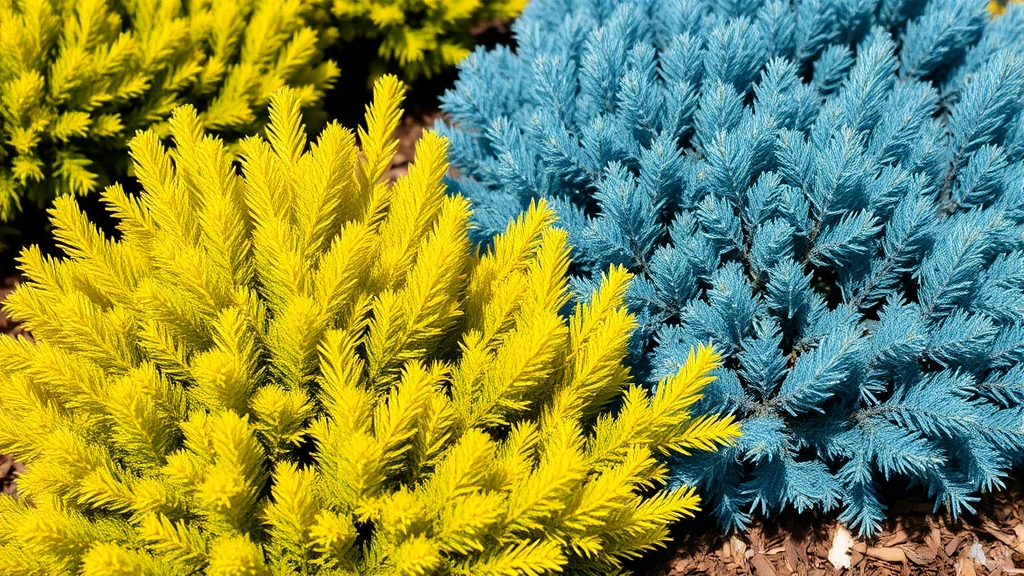 Close-up of vibrant blue-toned dwarf spruce and golden Hinoki cypress foliage growing together in a garden bed with rich brown mulch, natural sunlight, shallow depth of field