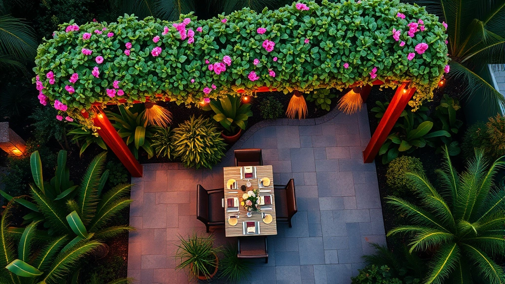 Overhead view of tropical garden with pergola covered in flowering vines, stone patio with outdoor dining setup, string lights draped overhead, specimen plants creating natural focal points, evening golden hour lighting, garden entertaining space