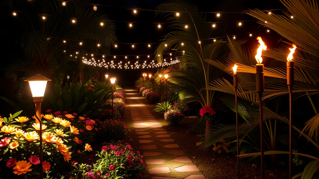 Nighttime garden scene with uplighting on flowering plants, pathway lights creating safe navigation, string lights creating canopy effect overhead, tiki torches around perimeter, warm ambient lighting on tropical foliage, magical evening garden ambiance