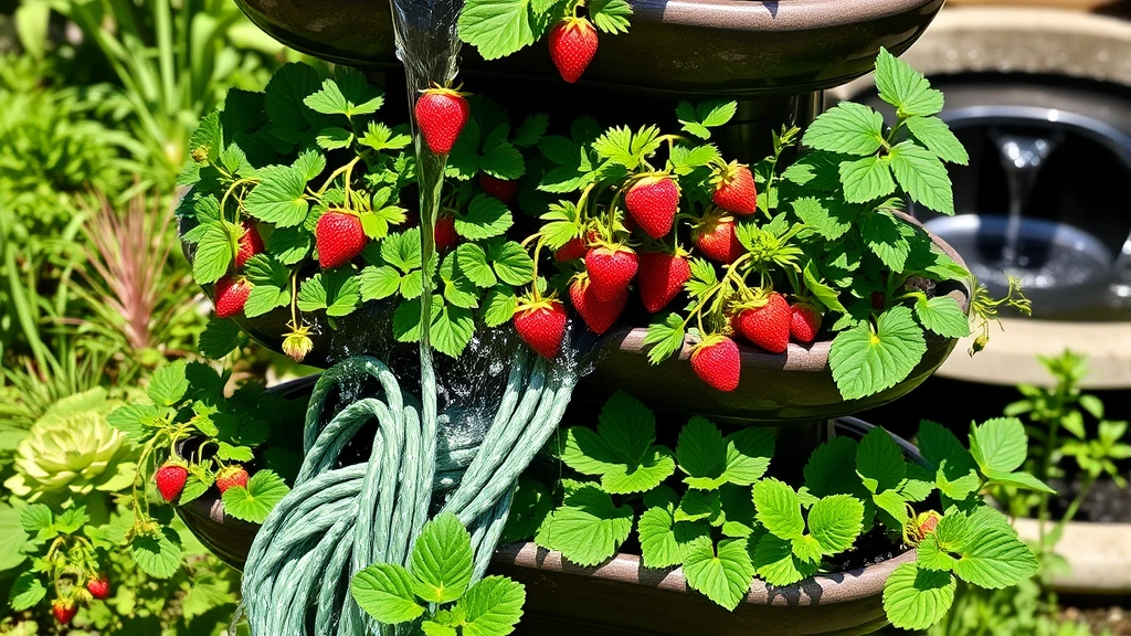 Tiered vertical garden structure with flowing water cascading through multiple planting levels, strawberry plants with ripe red berries visible, lush green herbs and leafy greens growing from various tiers, water feature in background, sunny garden setting