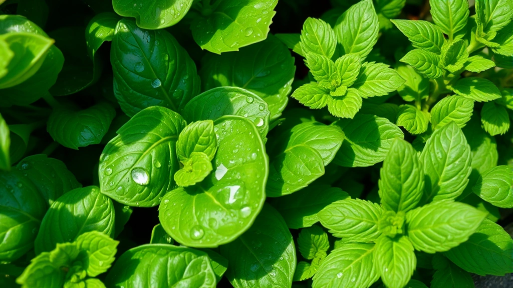 Close-up of healthy spinach and mint plants growing in a fountain garden system, water droplets visible on leaves, rich green foliage, basil plant alongside with vibrant leaves, natural daylight illuminating the plants