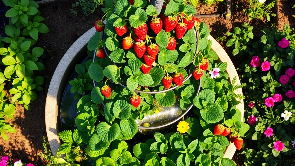 Overhead view of completed smoothie fountain garden with diverse plants at different growth stages, water circulation system visible, ripe strawberries hanging from upper tiers, lush garden in bloom, morning light casting shadows on the structure