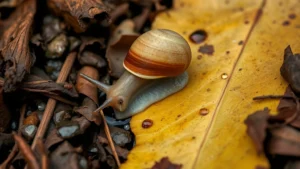 Close-up of native garden snail on decomposing leaf litter with visible moisture droplets, showing small shell and mucus trail in natural garden mulch setting