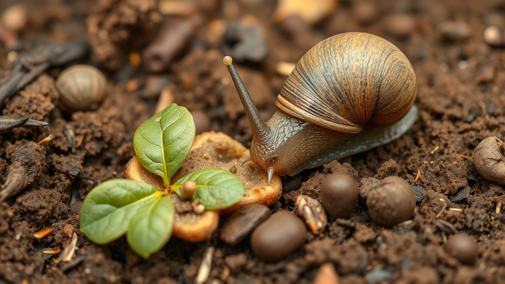 Snail feeding on fungal growth and dead plant material in rich garden soil, demonstrating beneficial decomposition role with detailed macro photography of organic matter