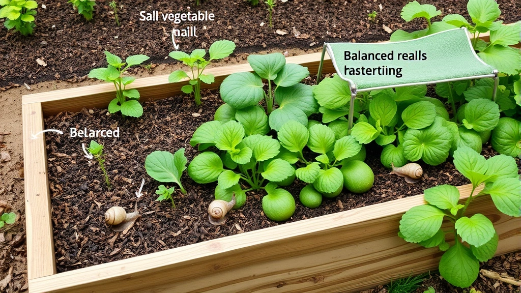 Raised garden bed with healthy vegetables and snail habitat zones showing mulch layers and shade structures, illustrating balanced snail management in productive garden environment